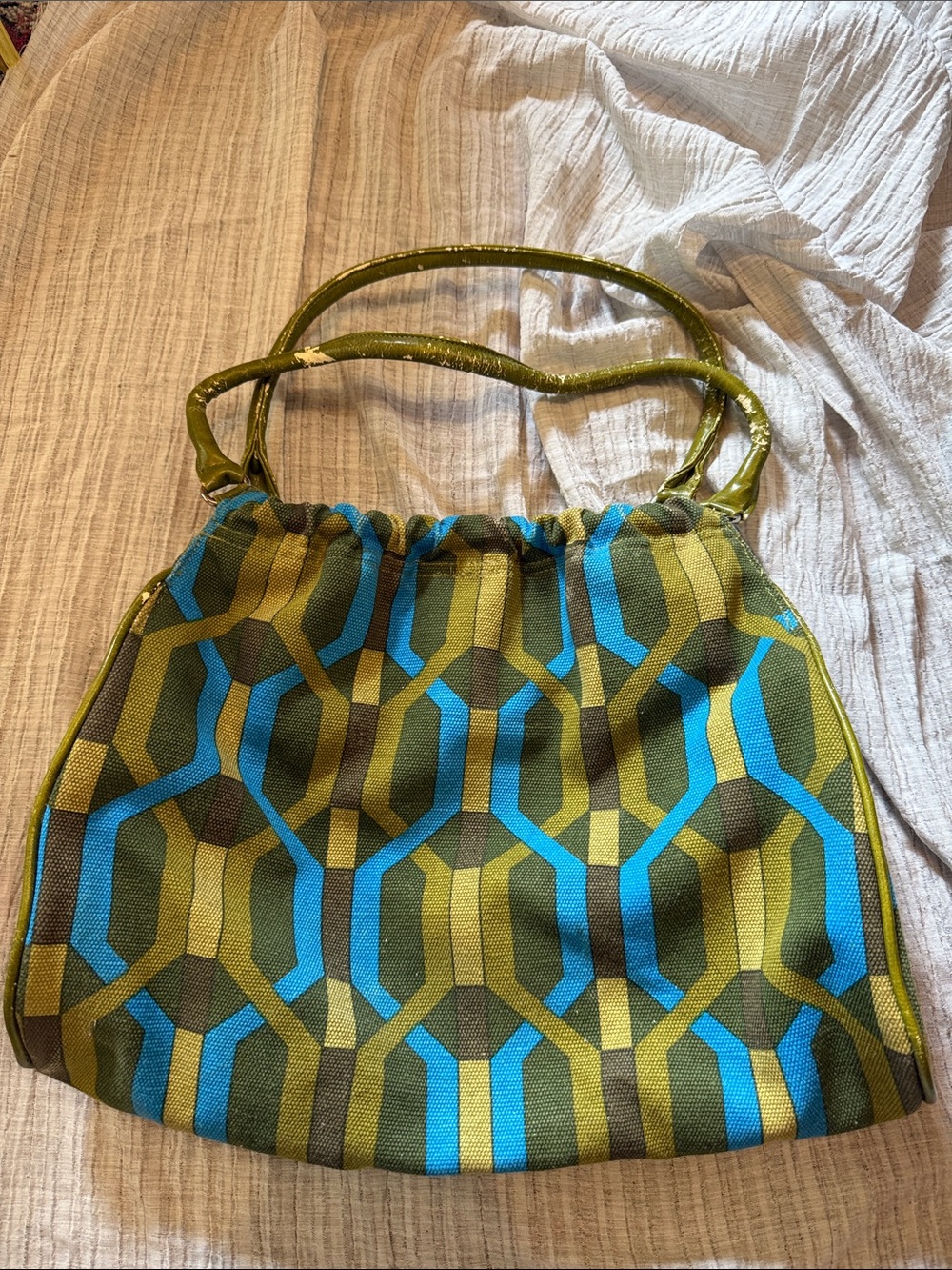 Geometric Olive & Teal Canvas Shoulder Bag